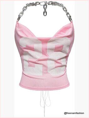 Y2K Number Graphic Halter Crop Top Open Back Lace Up